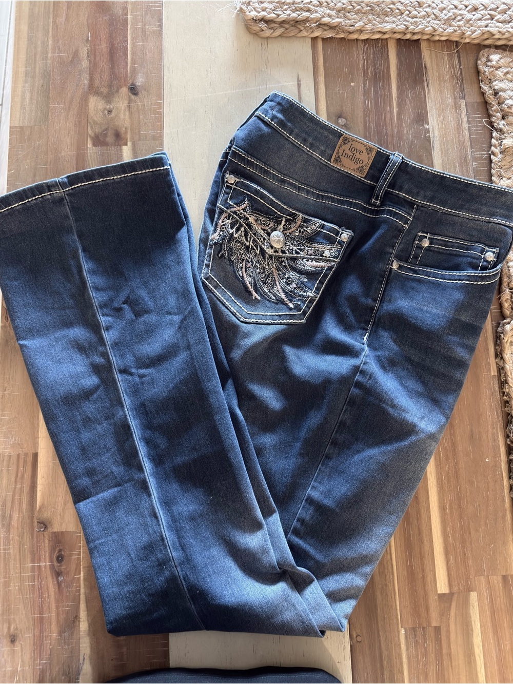 Love Indigo Women's Dark Indigo Boot Cut Jeans with Embroidered Pocket - Picture 3 of 10
